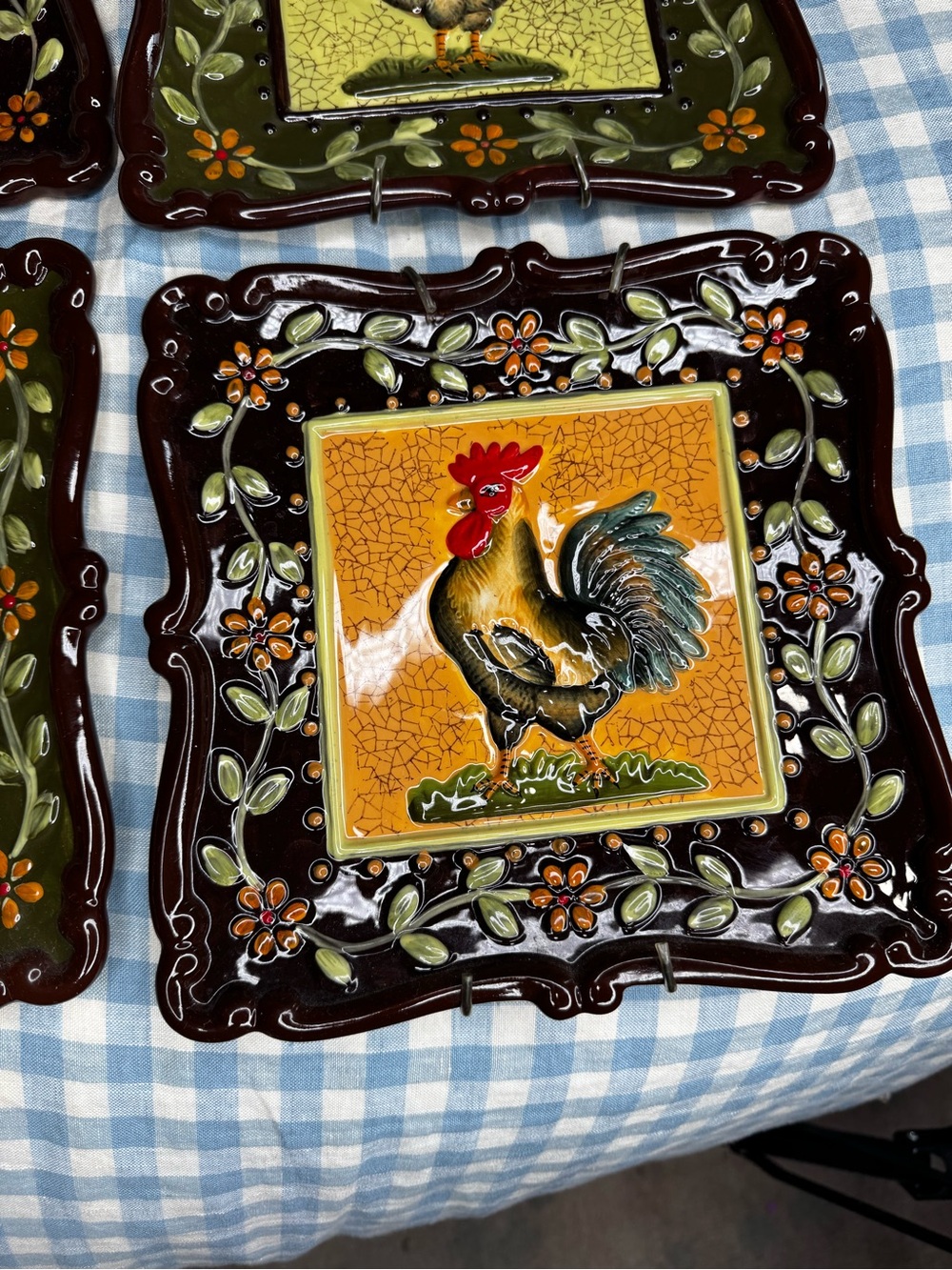 Hand-Painted Rooster Ceramic Wall Tiles – Set of 4 in Green, Orange, Yellow, Red - Picture 3 of 8
